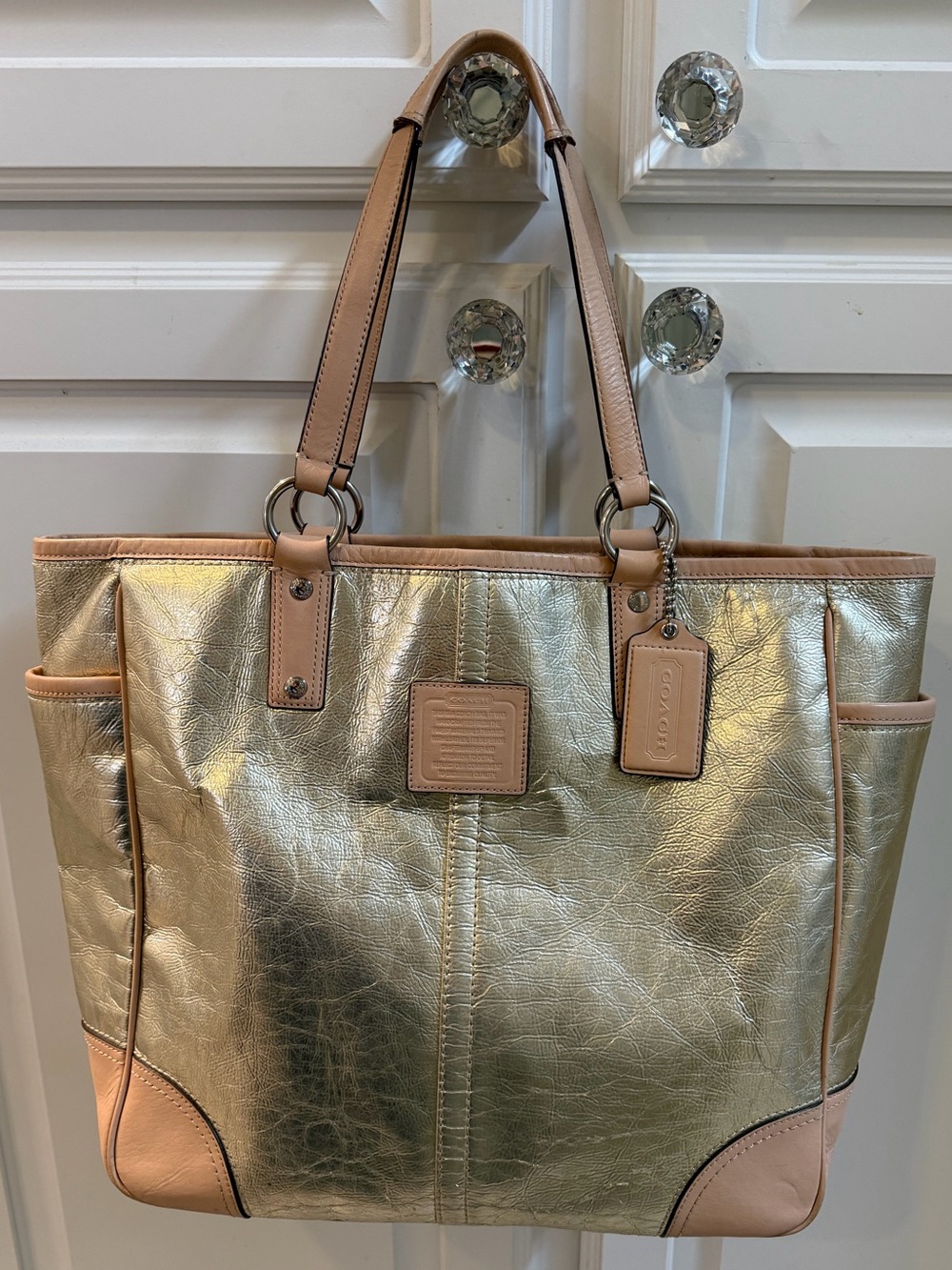 Coach Large Metro Metallic Gold Tote with Beige Leather Trim